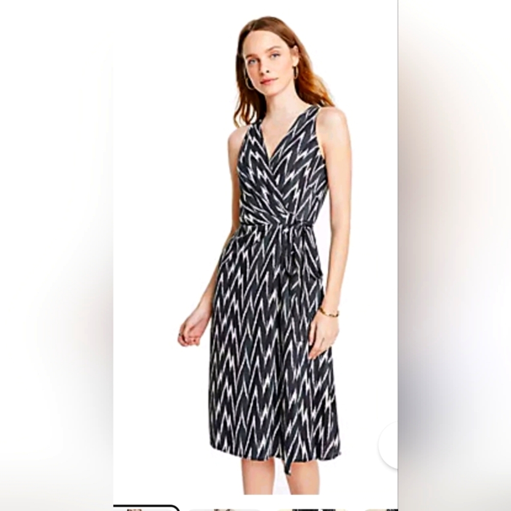 Ann Taylor Belted Wrap A-Line Dress IKAT Black Green White